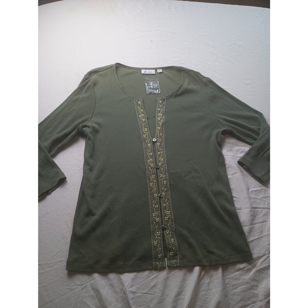 Denim‎ & Co. 100% Cotton Green Embroidered Floral Ribbed Cardigan Women M NWT